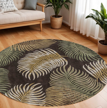 7' Espresso Beige And Green Wool Botanical Leaves Hand Tufted Round Rug