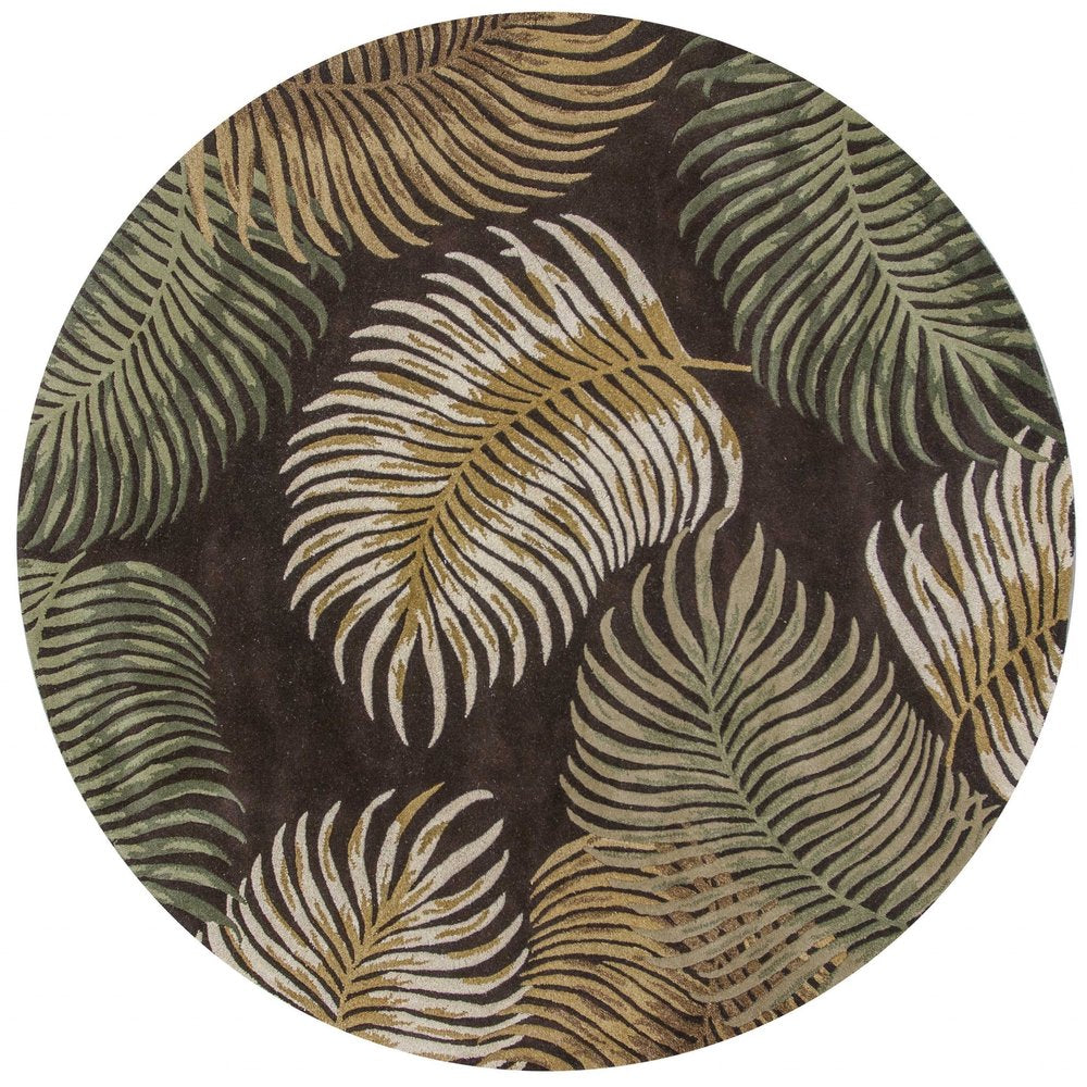 7' Espresso Beige And Green Wool Botanical Leaves Hand Tufted Round Rug