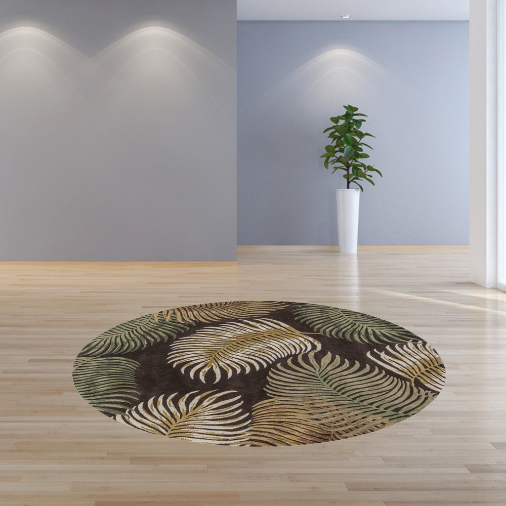 7' Espresso Beige And Green Wool Botanical Leaves Hand Tufted Round Rug