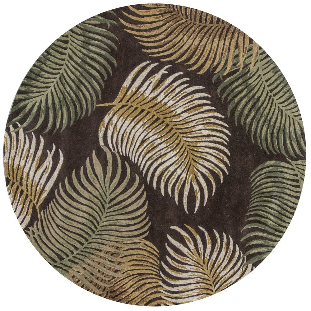 7' Espresso Beige And Green Wool Botanical Leaves Hand Tufted Round Rug