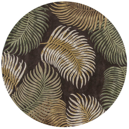 7' Espresso Beige And Green Wool Botanical Leaves Hand Tufted Round Rug