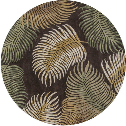 7' Espresso Beige And Green Wool Botanical Leaves Hand Tufted Round Rug
