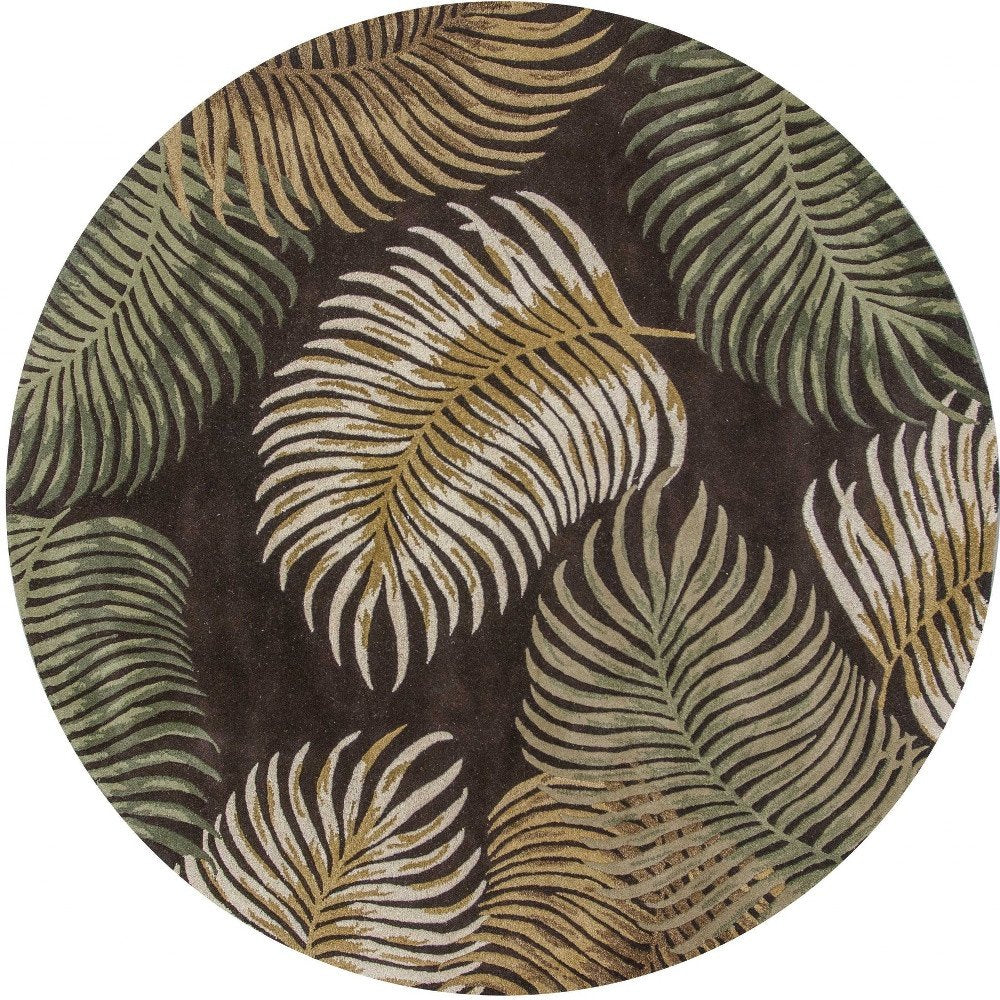 7' Espresso Beige And Green Wool Botanical Leaves Hand Tufted Round Rug