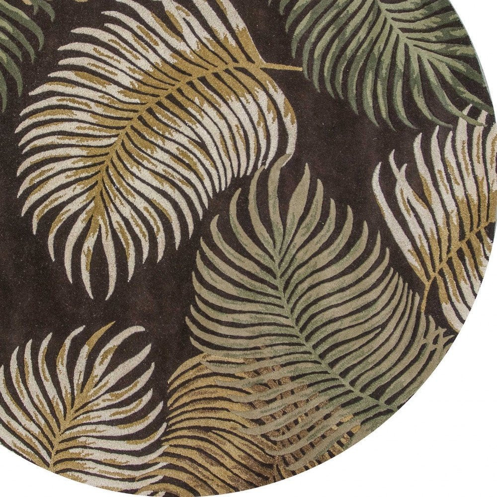 7' Espresso Beige And Green Wool Botanical Leaves Hand Tufted Round Rug