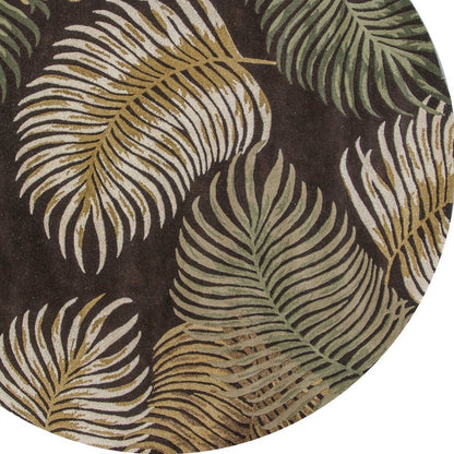 7' Espresso Beige And Green Wool Botanical Leaves Hand Tufted Round Rug