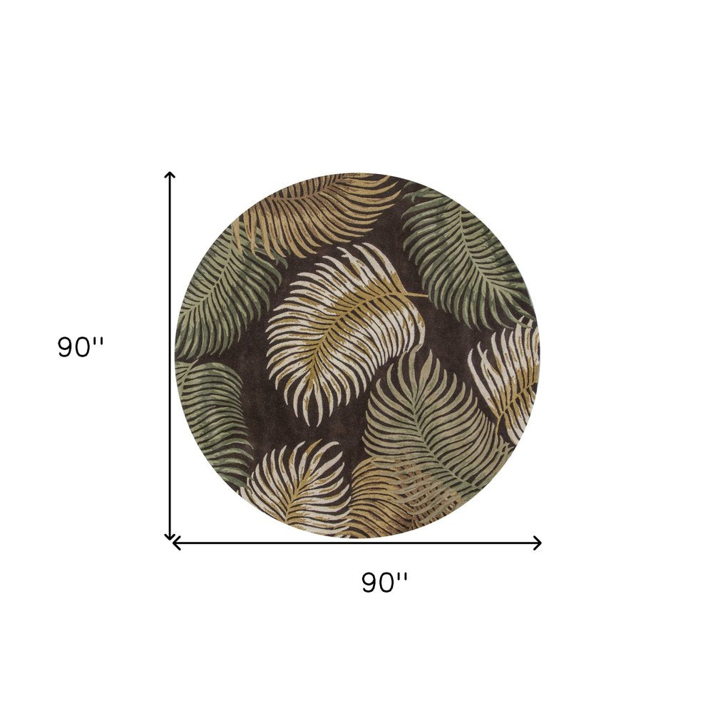 7' Espresso Beige And Green Wool Botanical Leaves Hand Tufted Round Rug