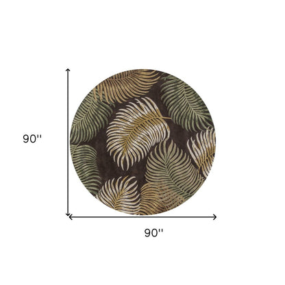 7' Espresso Beige And Green Wool Botanical Leaves Hand Tufted Round Rug
