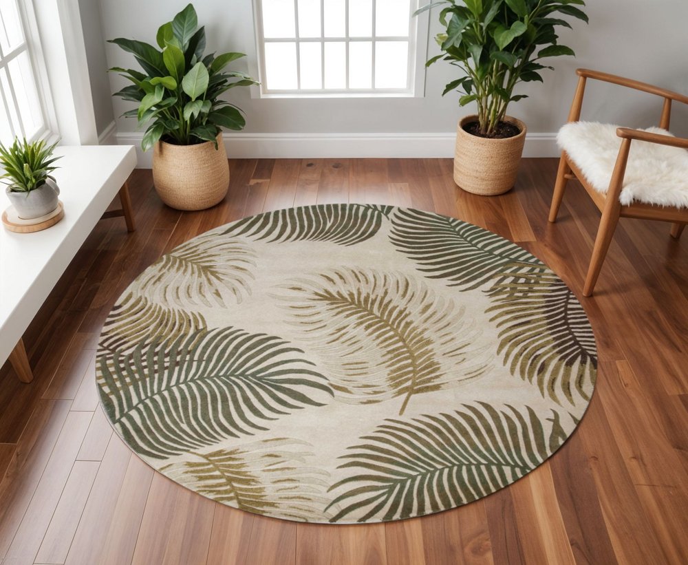 2' X 4' Natural Green And Brown Wool Botanical Leaves Hand Tufted Area Rug
