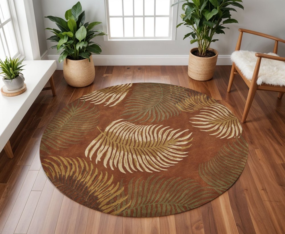 5' X 8' Rust Orange And Green Wool Botanical Leaves Hand Tufted Area Rug