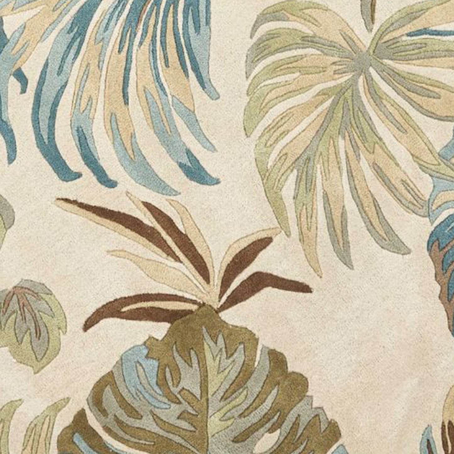 8' Ivory Blue Hand Tufted Tropical Leaves Indoor Runner Rug