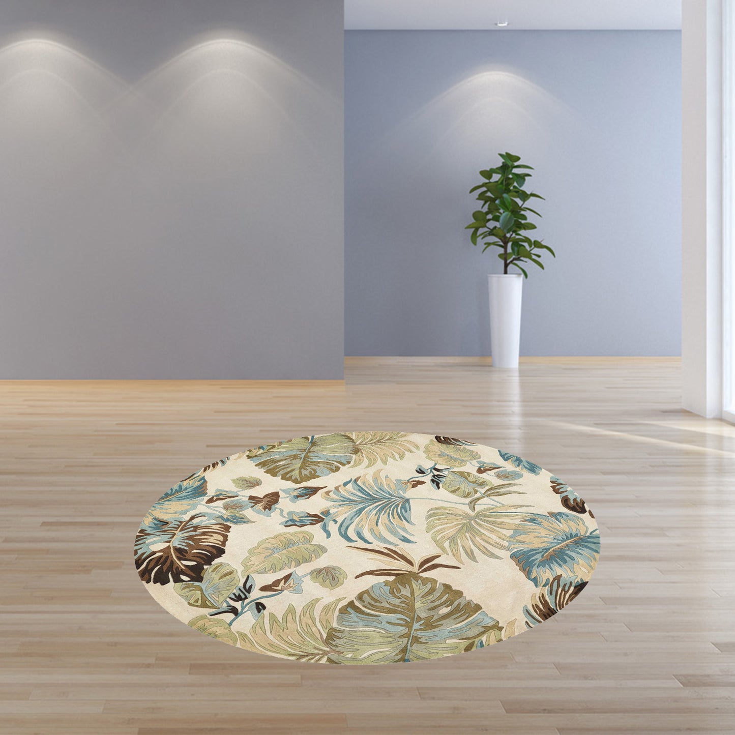 8' Ivory Blue Hand Tufted Tropical Leaves Indoor Runner Rug