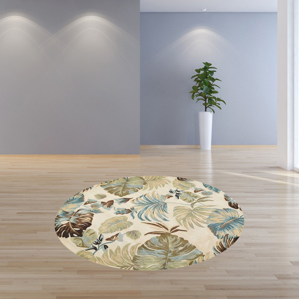 3' X 5' Ivory And Blue Wool Botanical Leaves Hand Tufted Area Rug