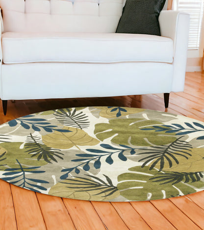 5' X 8' Ivory Green And Blue Wool Botanical Leaves Hand Tufted Area Rug