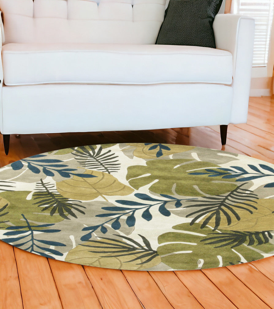 5' X 8' Ivory Green And Blue Wool Botanical Leaves Hand Tufted Area Rug