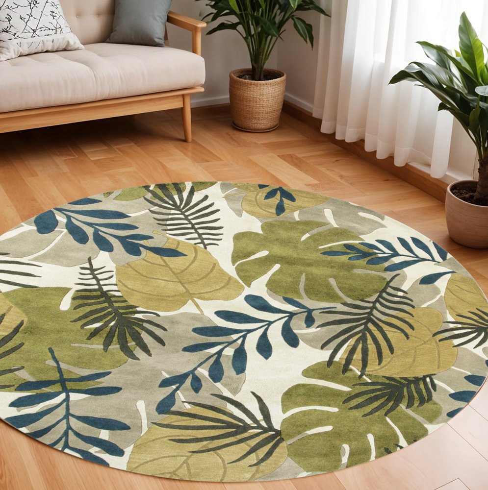 5' X 8' Ivory Green And Blue Wool Botanical Leaves Hand Tufted Area Rug