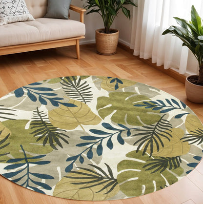5' X 8' Ivory Green And Blue Wool Botanical Leaves Hand Tufted Area Rug