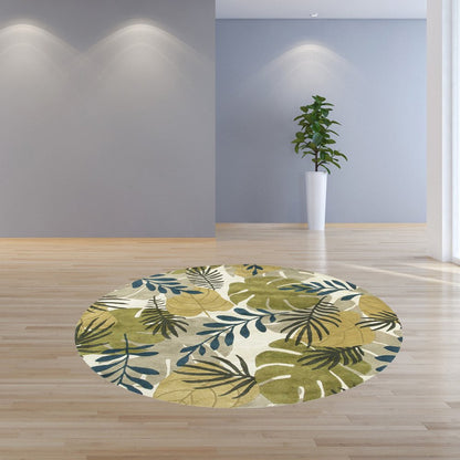 5' X 8' Ivory Green And Blue Wool Botanical Leaves Hand Tufted Area Rug