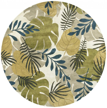 5' X 8' Ivory Green And Blue Wool Botanical Leaves Hand Tufted Area Rug