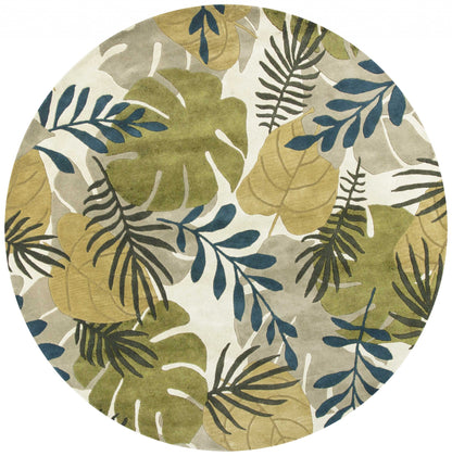 5' X 8' Ivory Green And Blue Wool Botanical Leaves Hand Tufted Area Rug
