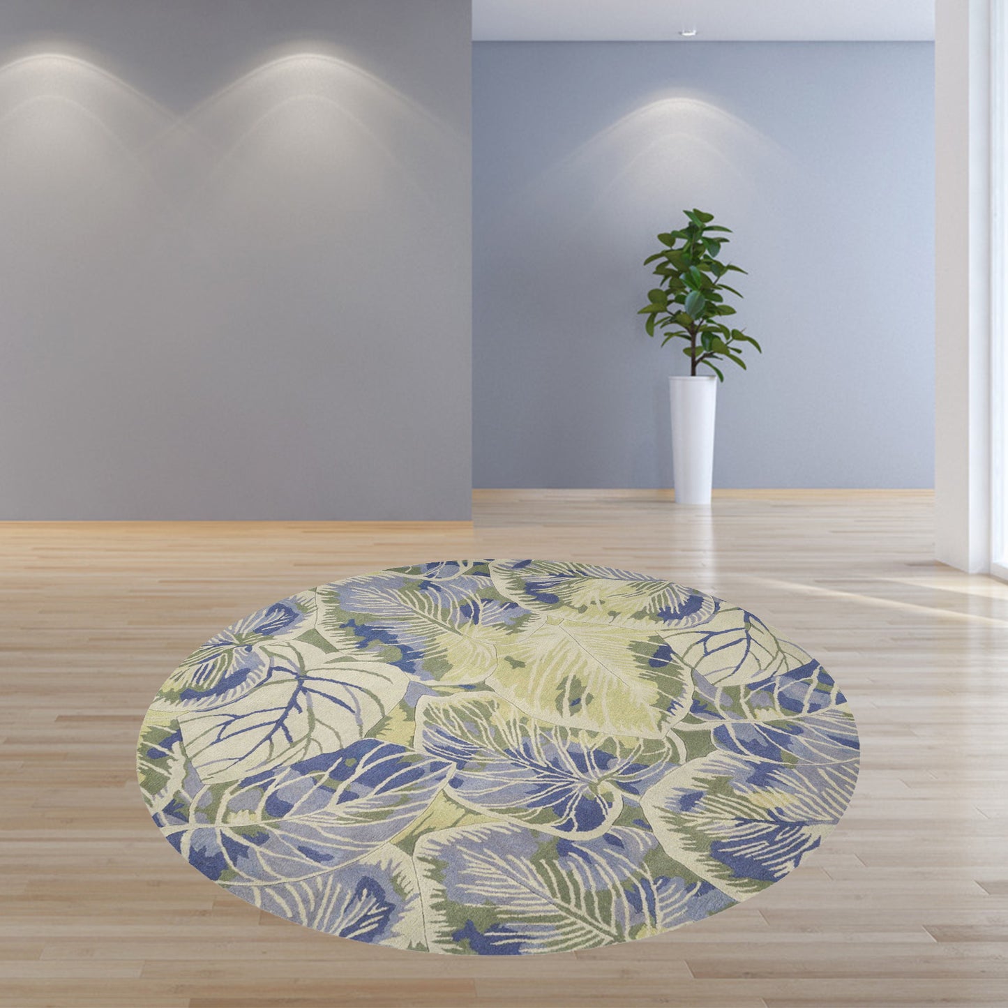 2' X 10' Blue Or Green Oversized Leaves Wool Indoor Runner Rug