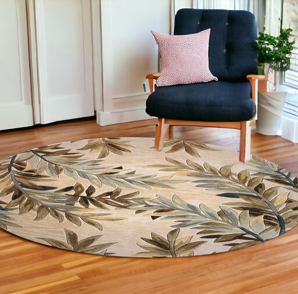 9' X 12' Ivory Brown And Blue Wool Botanical Leaves Hand Tufted Area Rug