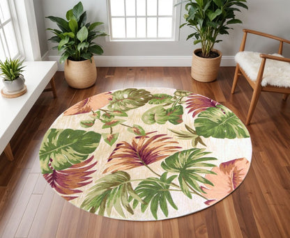 10' Beige Green And Pink Wool Botanical Leaves Hand Tufted Runner Rug