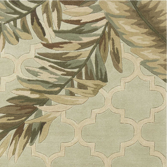 2' X 10' Sage Tropical Leaves Mosaic Wool Indoor Runner Rug