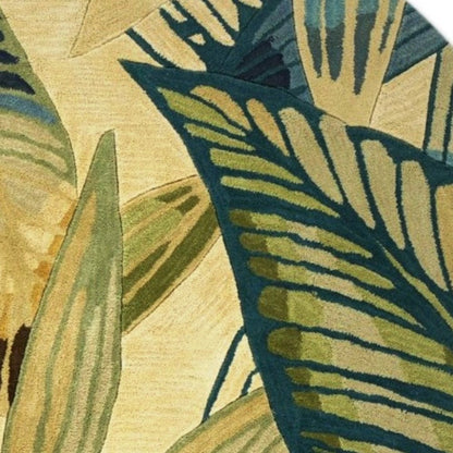 8' X 10' Ivory Teal And Green Wool Tropical Botanical Hand Tufted Area Rug