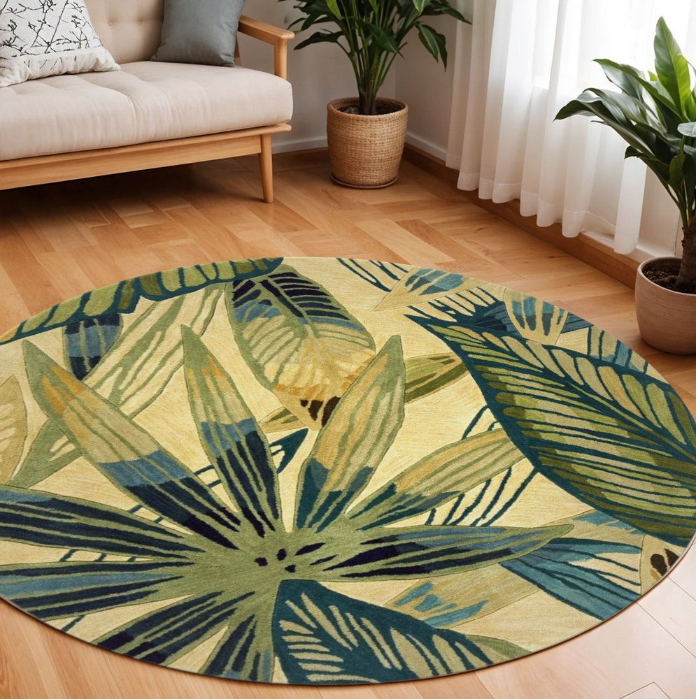 8' X 10' Ivory Teal And Green Wool Tropical Botanical Hand Tufted Area Rug