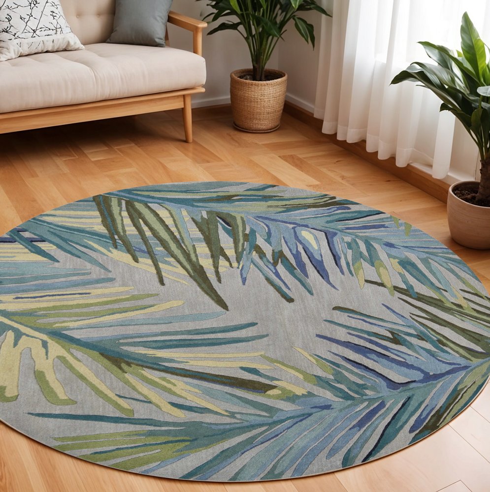 10' Gray And Blue Wool Tropical Botanical Hand Tufted Runner Rug
