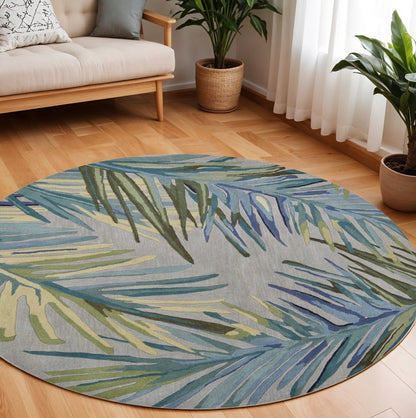 10' Gray And Blue Wool Tropical Botanical Hand Tufted Runner Rug