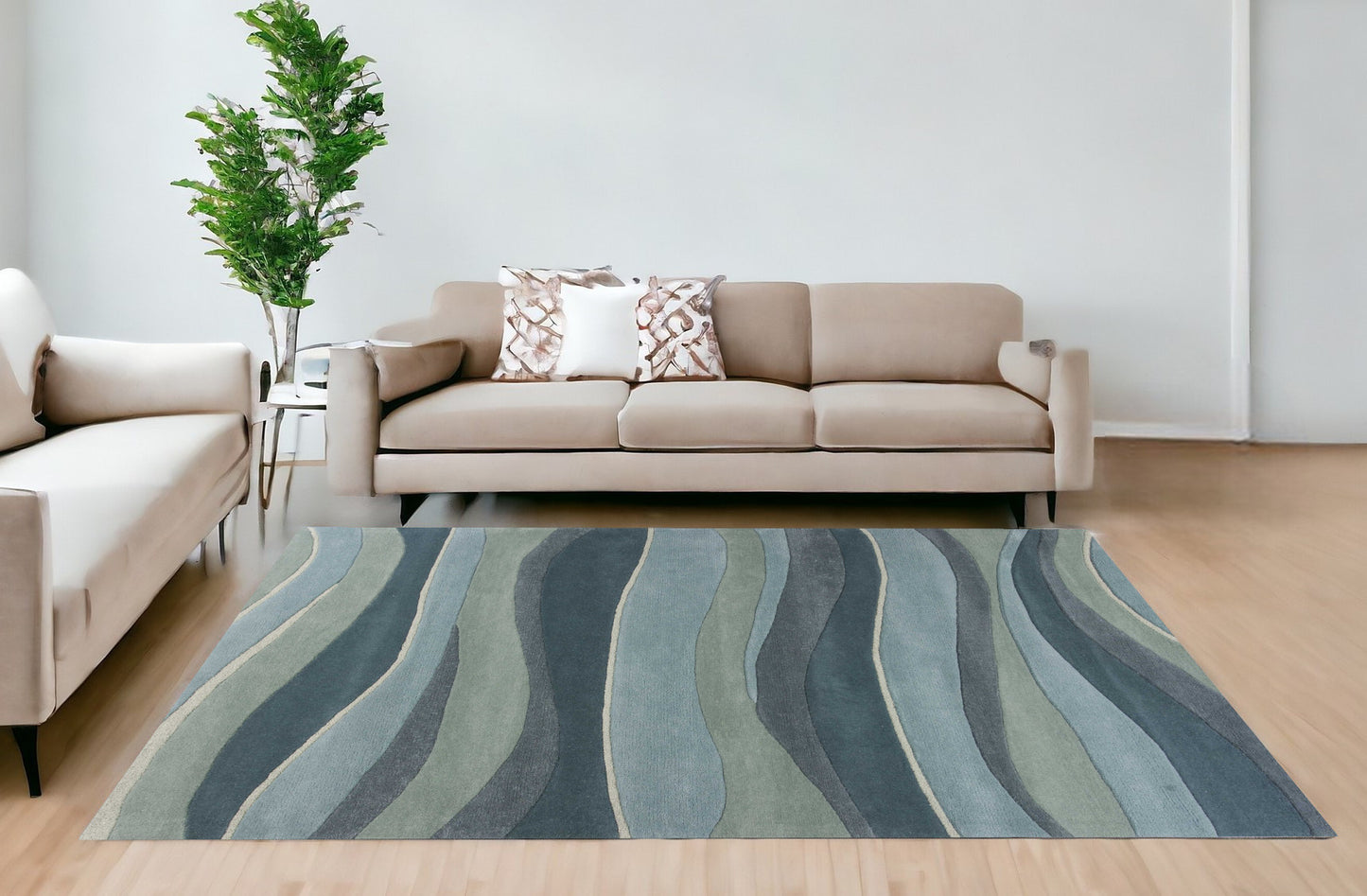 8' Ocean Blue Teal Hand Tufted Abstract Waves Indoor Runner Rug