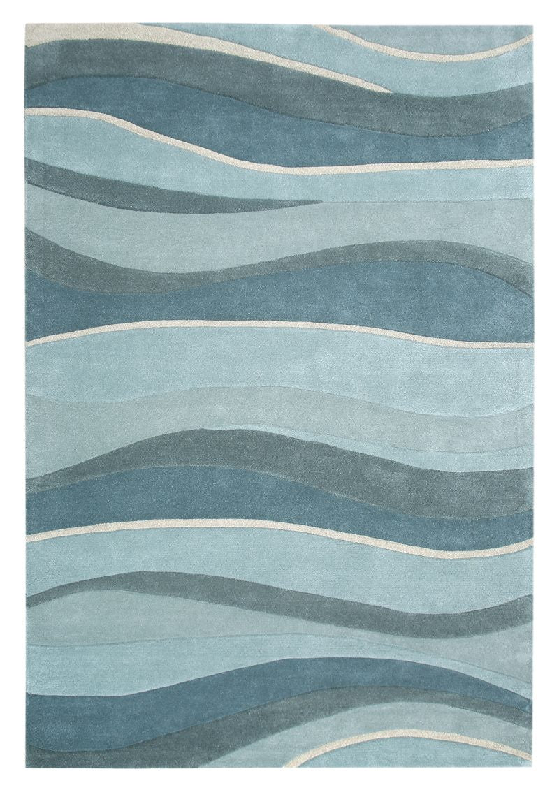 8' Ocean Blue Teal Hand Tufted Abstract Waves Indoor Runner Rug
