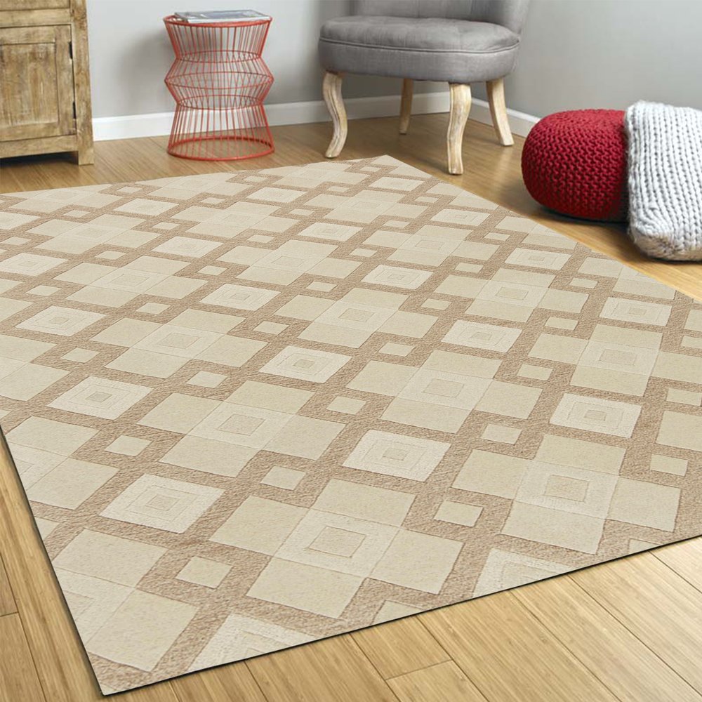 2' x 4' ivory and brown wool geometric hand tufted area rug