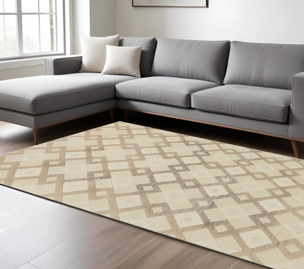 8' X 11' Ivory And Brown Wool Geometric Hand Tufted Area Rug