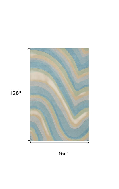 5' X 8' Blue Beige And Green Wool Abstract Hand Tufted Area Rug