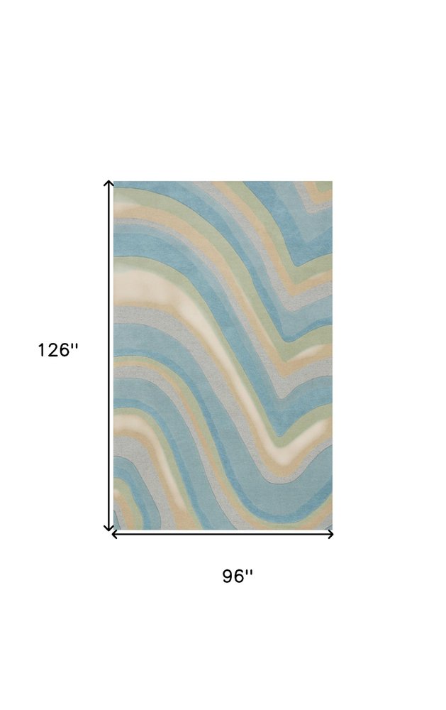 8' Blue Beige And Green Wool Abstract Hand Tufted Runner Rug