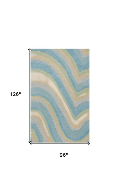 8' Blue Beige And Green Wool Abstract Hand Tufted Runner Rug