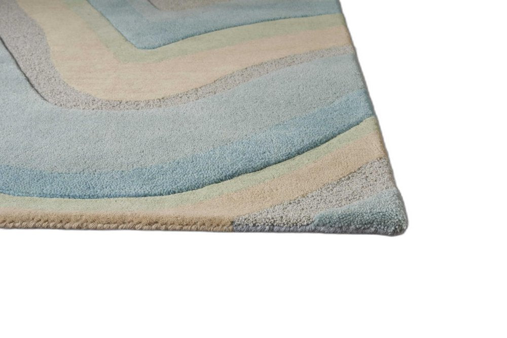 8' Blue Beige And Green Wool Abstract Hand Tufted Runner Rug