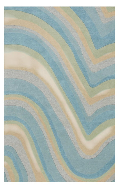 8' Blue Beige And Green Wool Abstract Hand Tufted Runner Rug