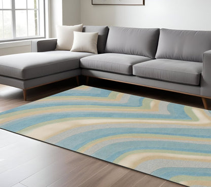 8' Blue Beige And Green Wool Abstract Hand Tufted Runner Rug