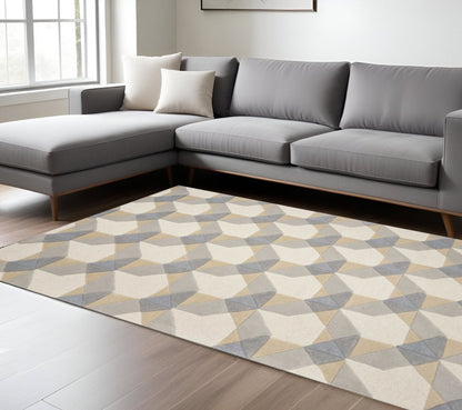 8' X 11' Ivory Gray And Cream Wool Geometric Hand Tufted Area Rug