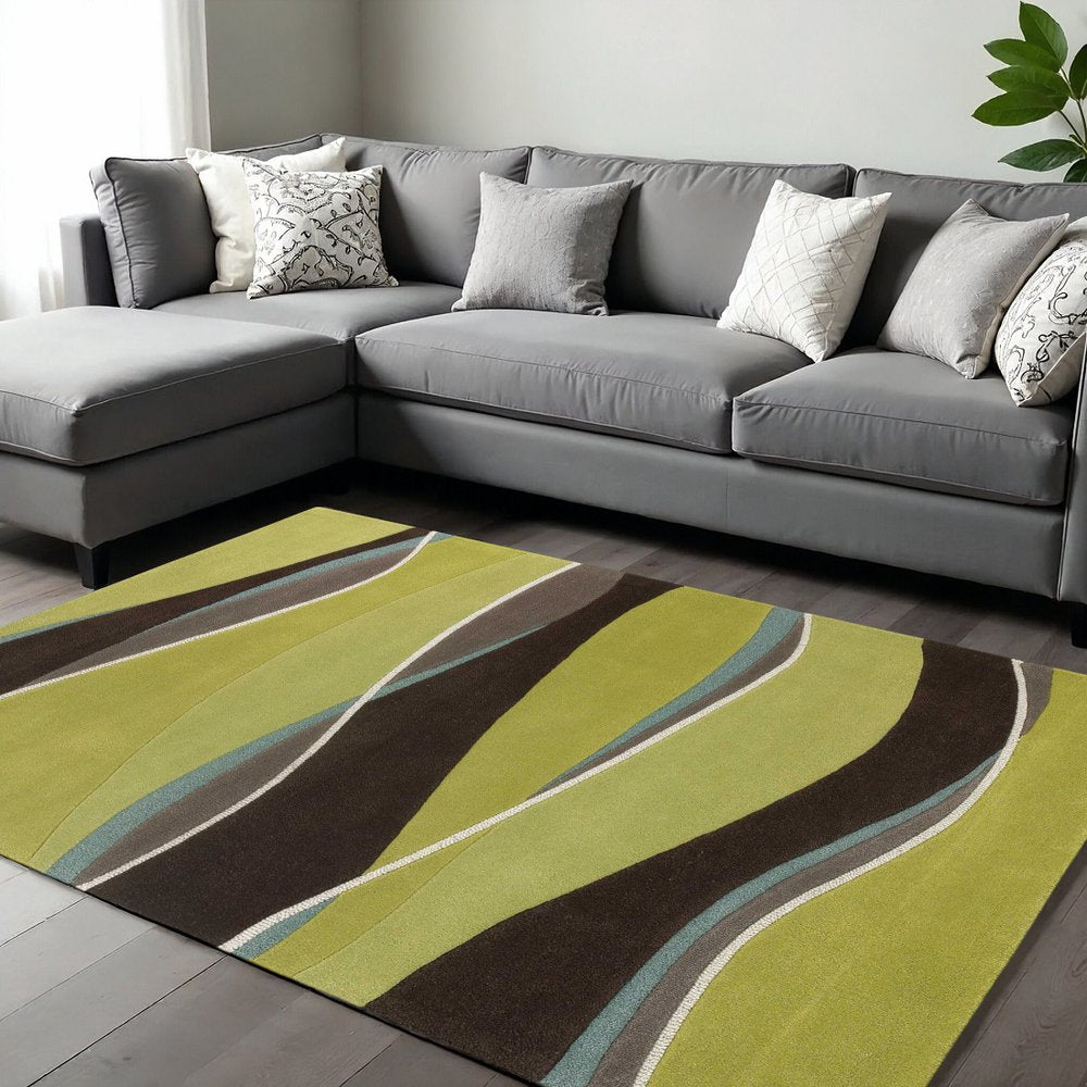 5' X 8' Lime Green Brown And Blue Wool Abstract Hand Tufted Area Rug
