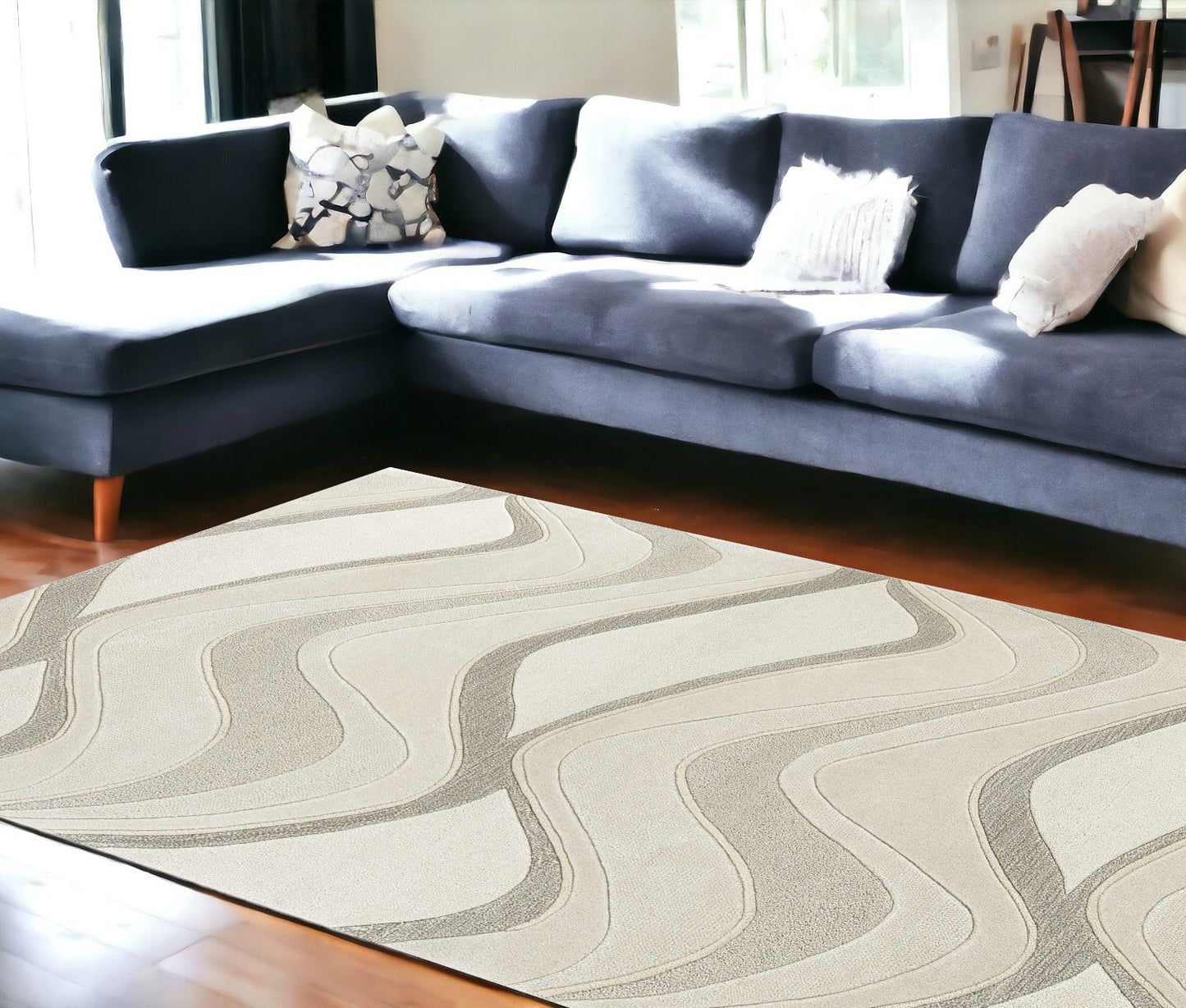 5' X 8' Ivory Hand Tufted Abstract Waves Indoor Area Rug