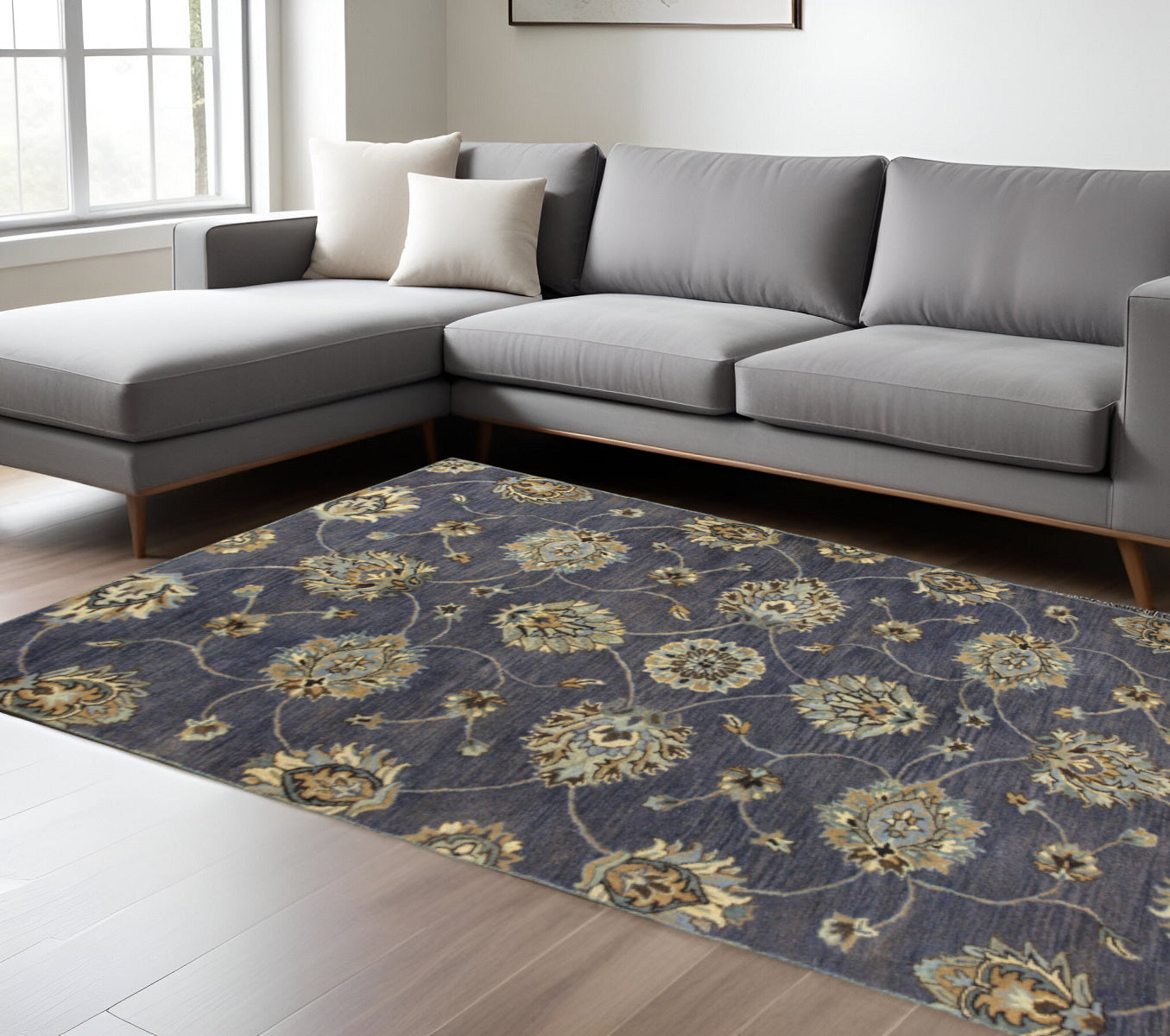 7' Dark Gray Green And Brown Wool Floral Hand Tufted Runner Rug