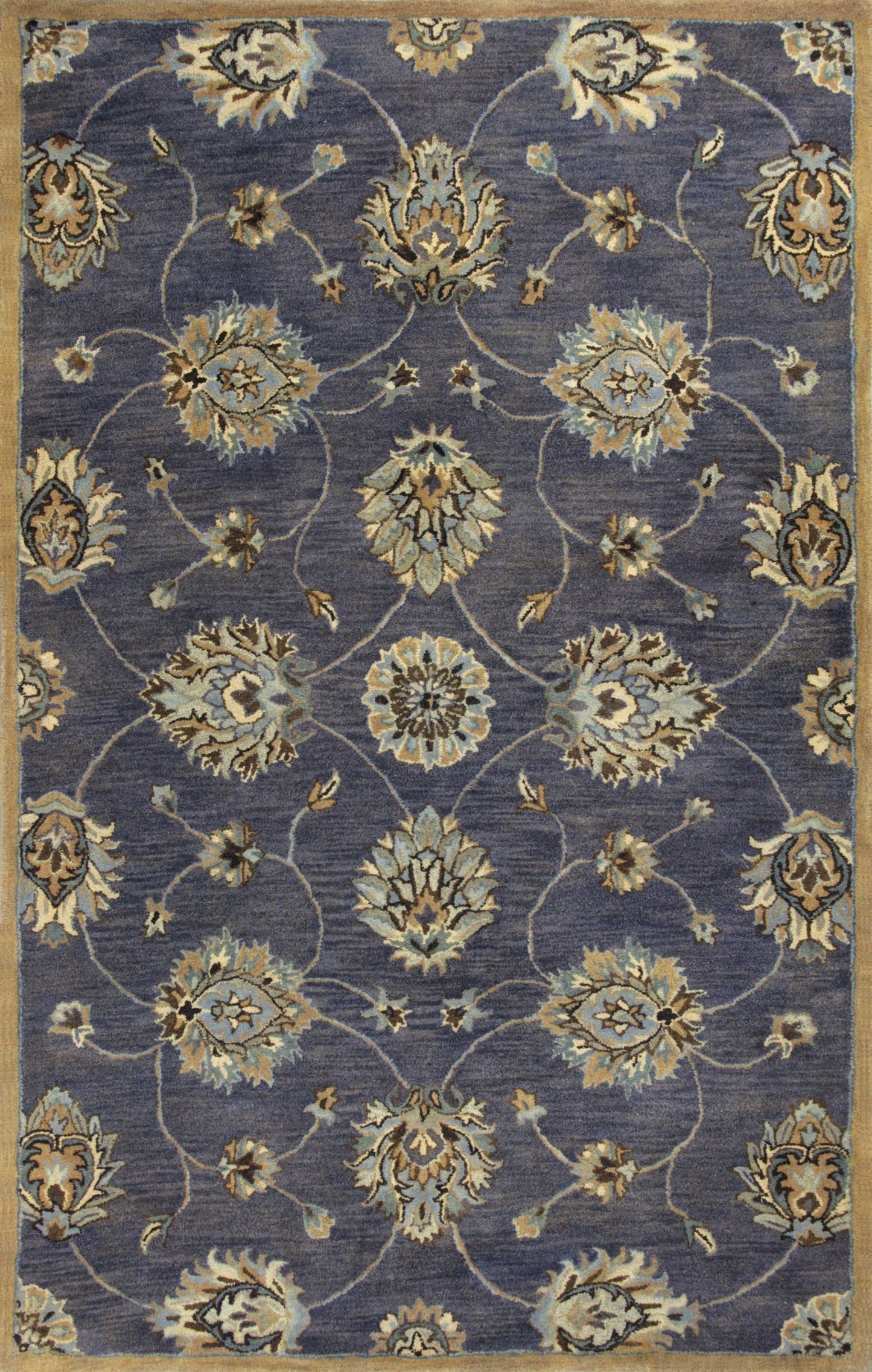 8' X 11' Midnight Blue Hand Tufted Traditional Floral Indoor Area Rug