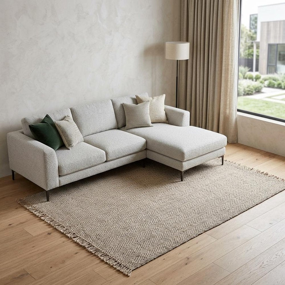 8' X 10' Beige And Gray Wool Chevron Hand Woven Area Rug With Fringe