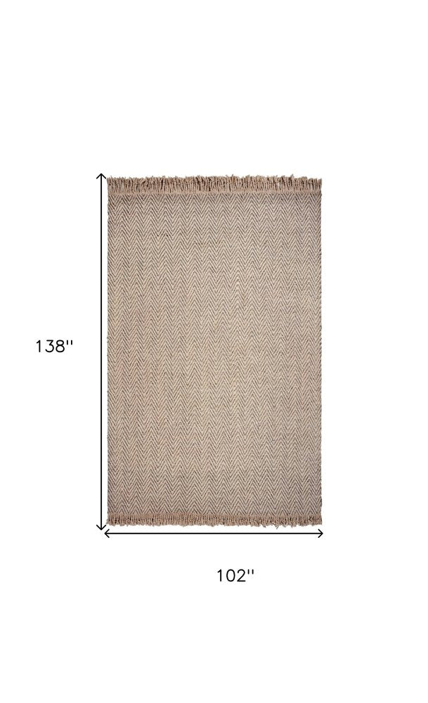 9' X 12' Beige And Gray Wool Chevron Hand Woven Area Rug With Fringe