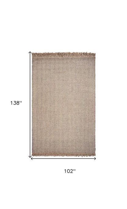 9' X 12' Beige And Gray Wool Chevron Hand Woven Area Rug With Fringe