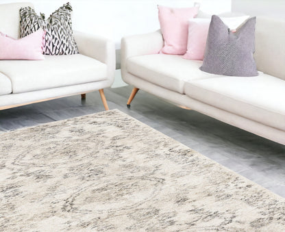 9' X 13' Grey Machine Woven Distressed Floral Traditional Indoor Area Rug